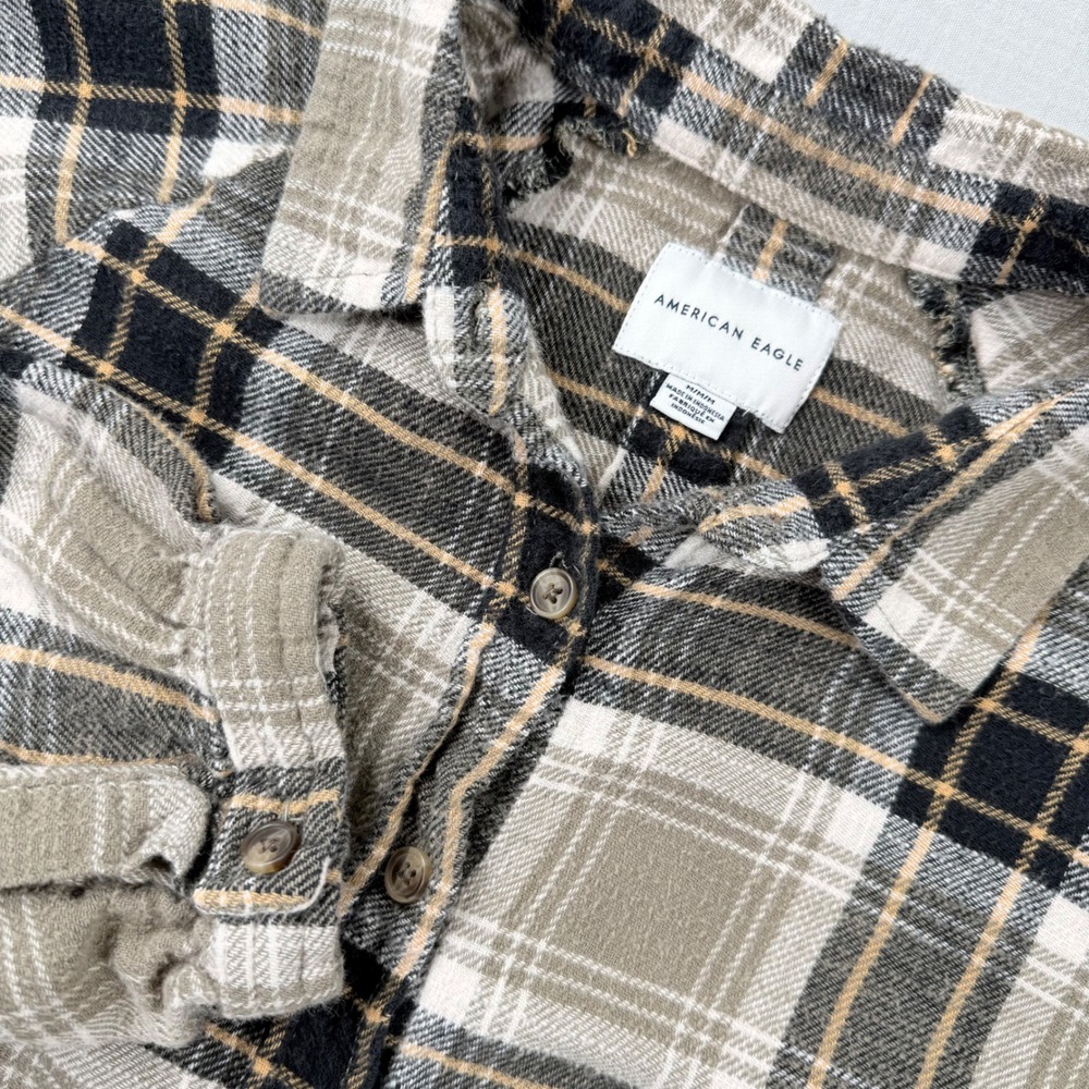 Vtg Y2k American Eagle Womens Sz Med Plaid Flannel Button Up Shirt Brown Black